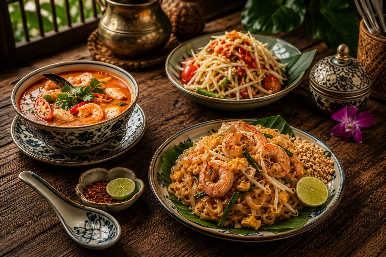 Tom yum soup, som tam papaya salad and prawn pad thai on a Thai table at Benjarong