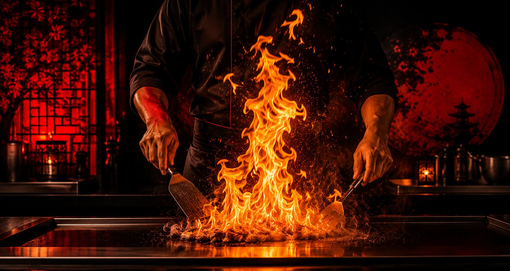 A Teppan chef working a live fire on the teppanyaki grill