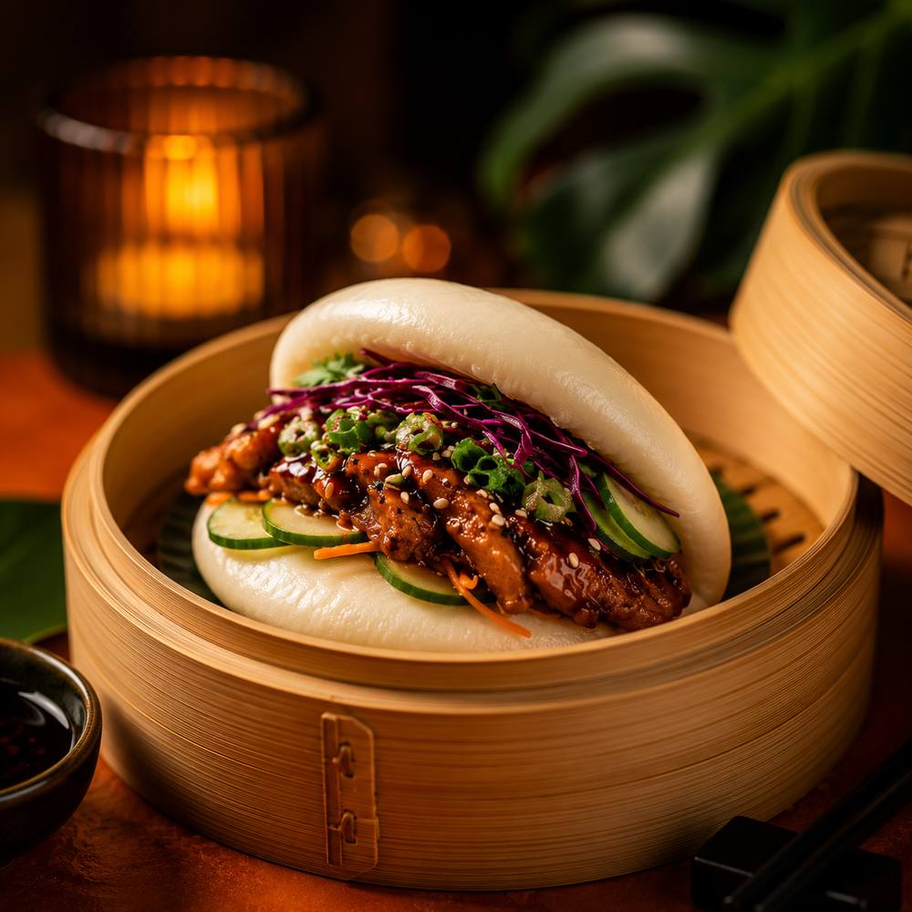 A bao bun with glazed pork, cucumber and red cabbage in a bamboo steamer at Va Pho