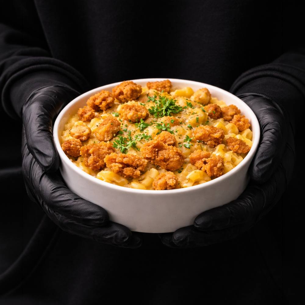 A bowl of creamy mac and cheese topped with crispy fried chicken at Writer’s Cafe